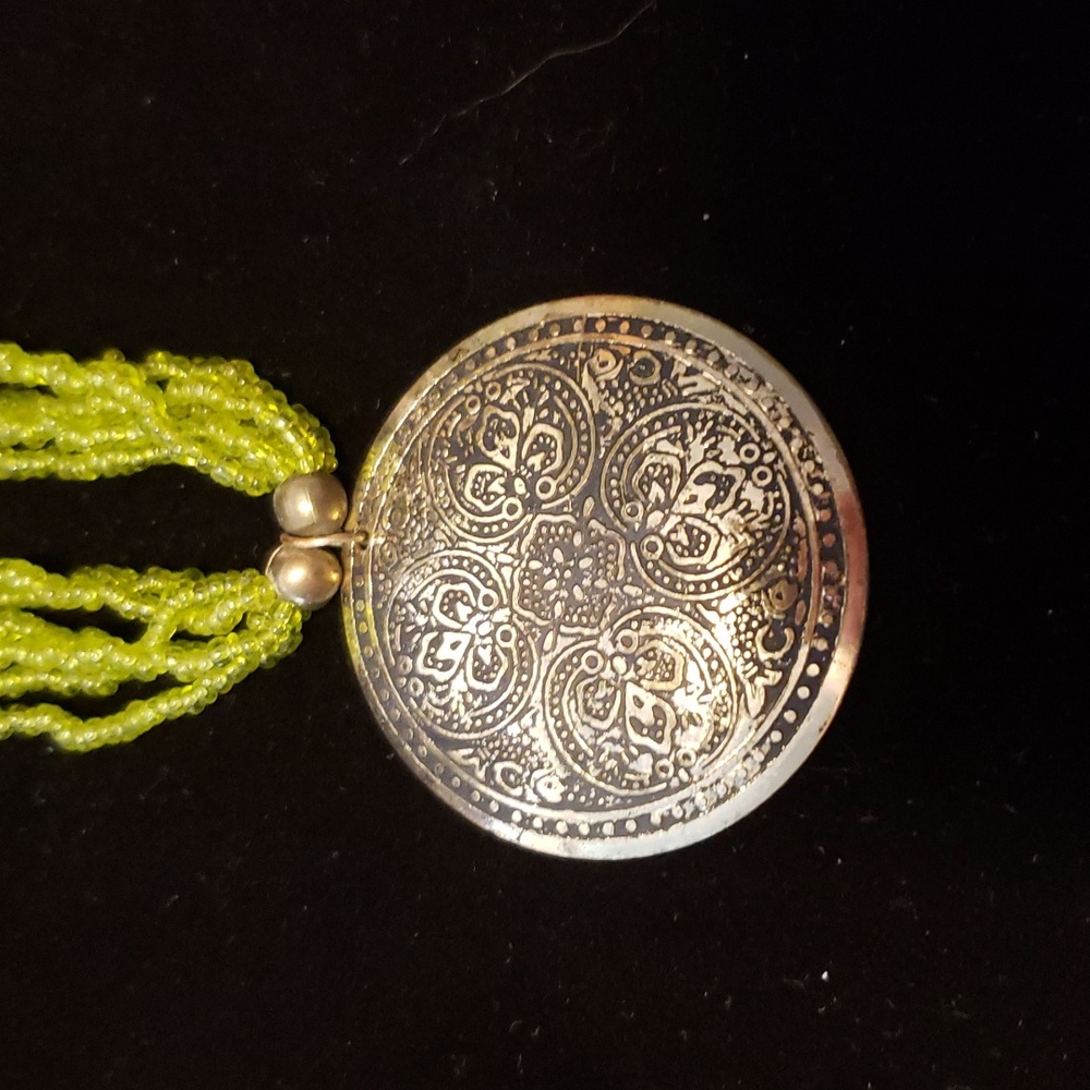 Green beaded gold medallion necklace
